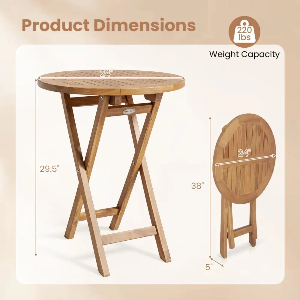 24’’ Round Solid Teak Outdoor Folding Bistro Table with Footrest - Patio Coffee Tables