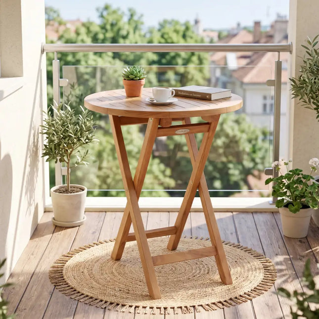 24’’ Round Solid Teak Outdoor Folding Bistro Table with Footrest - Patio Dining Tables