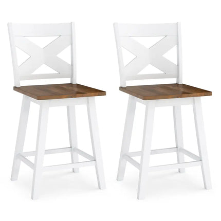 24" Rubberwood Swivel Barstools Set of 2 with Backrest and Large Seat-White Costway