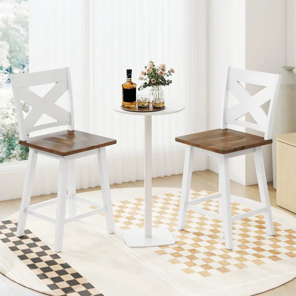 24" Rubberwood Swivel Barstools Set of 2 with Backrest and Large Seat-White Costway