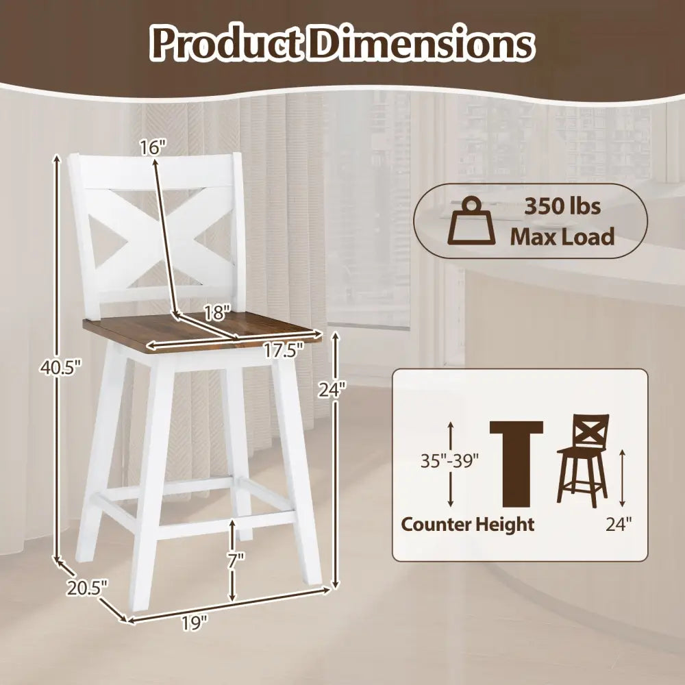 24" Rubberwood Swivel Barstools Set of 2 with Backrest and Large Seat-White Costway