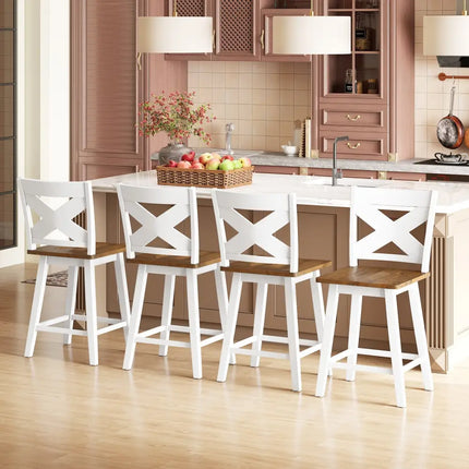 24" Rubberwood Swivel Barstools Set of 2 with Backrest and Large Seat-White Costway