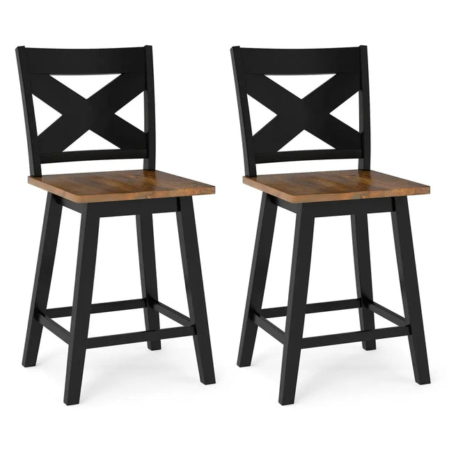 24" Rubberwood Swivel Barstools Set of 2 with Backrest and Large Seat-Black Costway