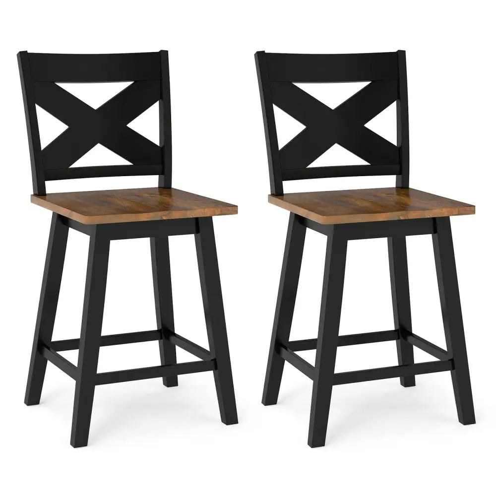 24" Rubberwood Swivel Barstools Set of 2 with Backrest and Large Seat-Black Costway