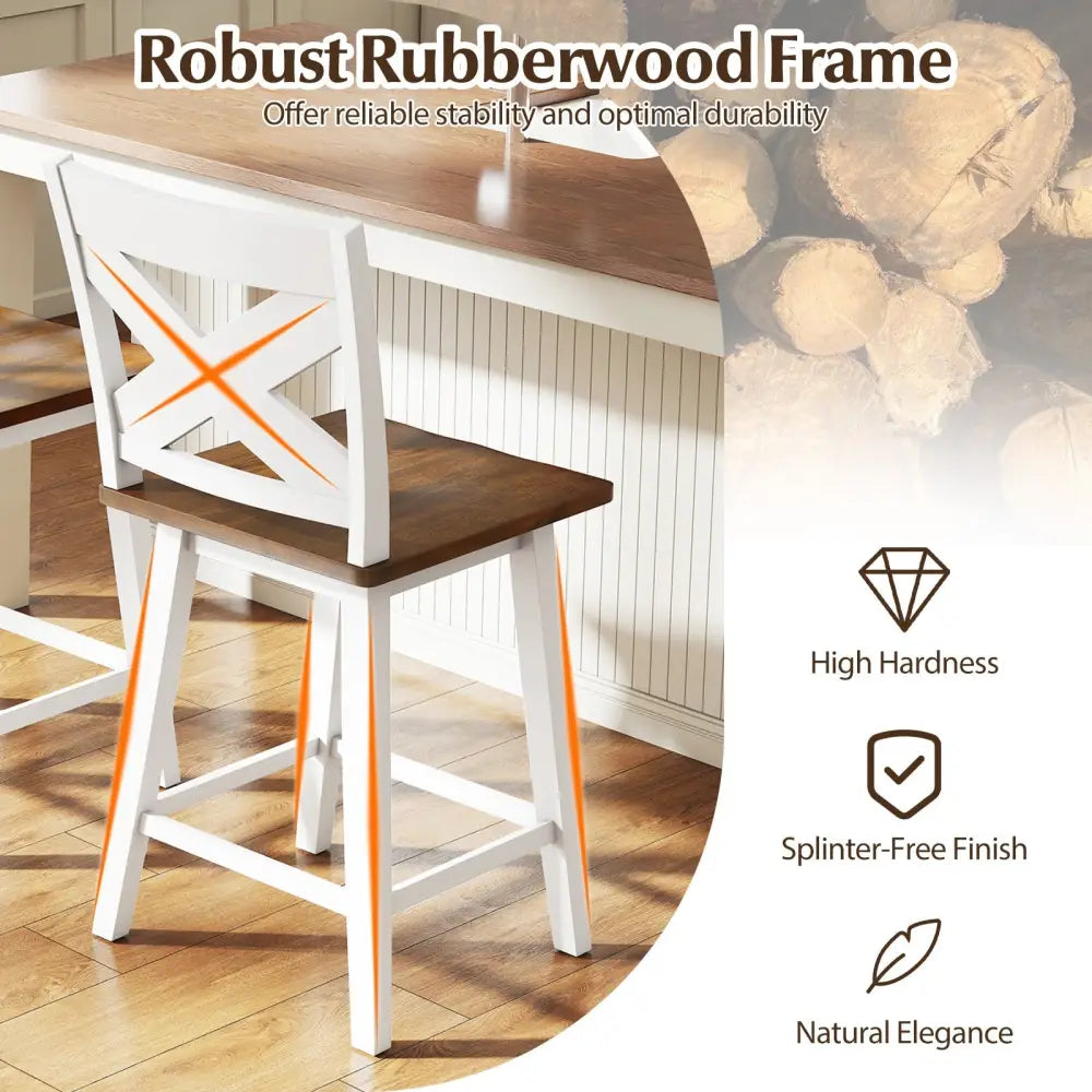 24" Rubberwood Swivel Barstools Set of 2 with Backrest and Large Seat-White Costway