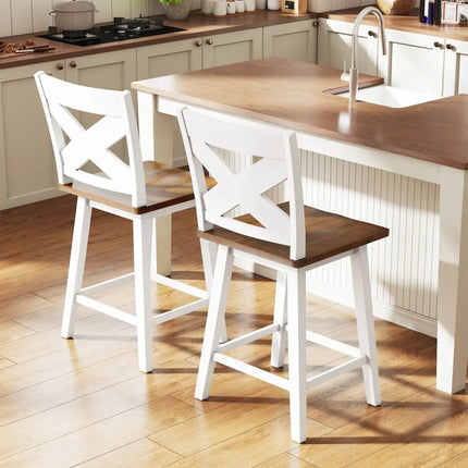 24" Rubberwood Swivel Barstools Set of 2 with Backrest and Large Seat-White Costway