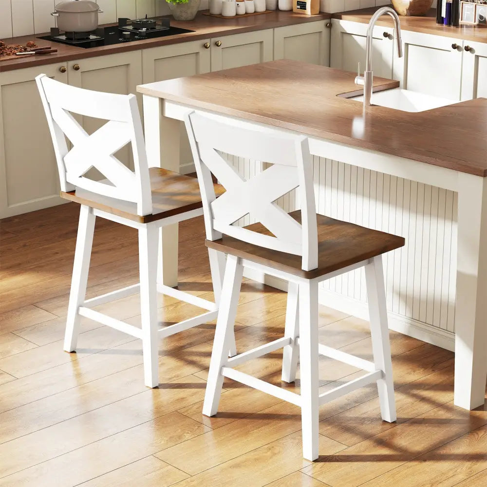 24" Rubberwood Swivel Barstools Set of 2 with Backrest and Large Seat-White Costway