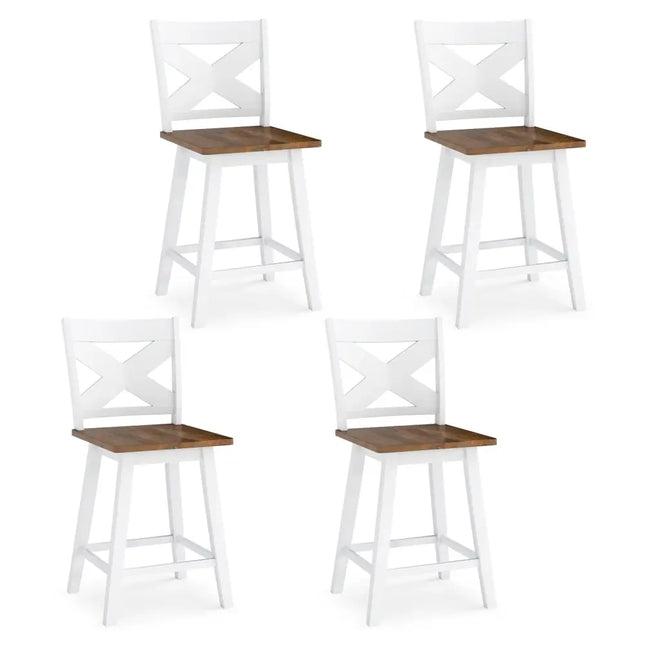 24" Rubberwood Swivel Barstools Set of 4 with Backrest and Large Seat-White Costway