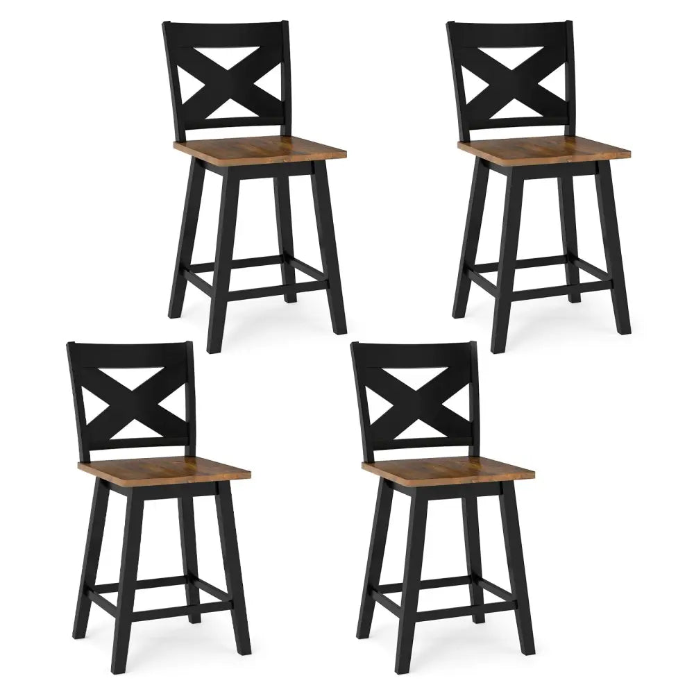 24" Rubberwood Swivel Barstools Set of 4 with Backrest and Large Seat-Black Costway