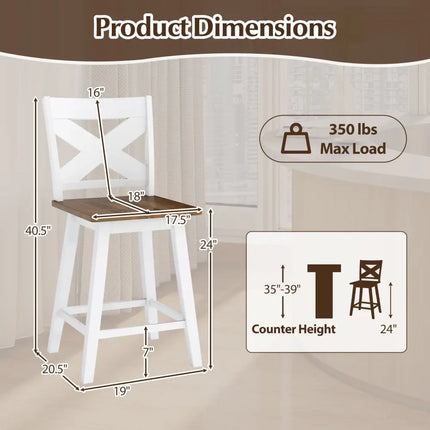 24" Rubberwood Swivel Barstools Set of 4 with Backrest and Large Seat-White Costway