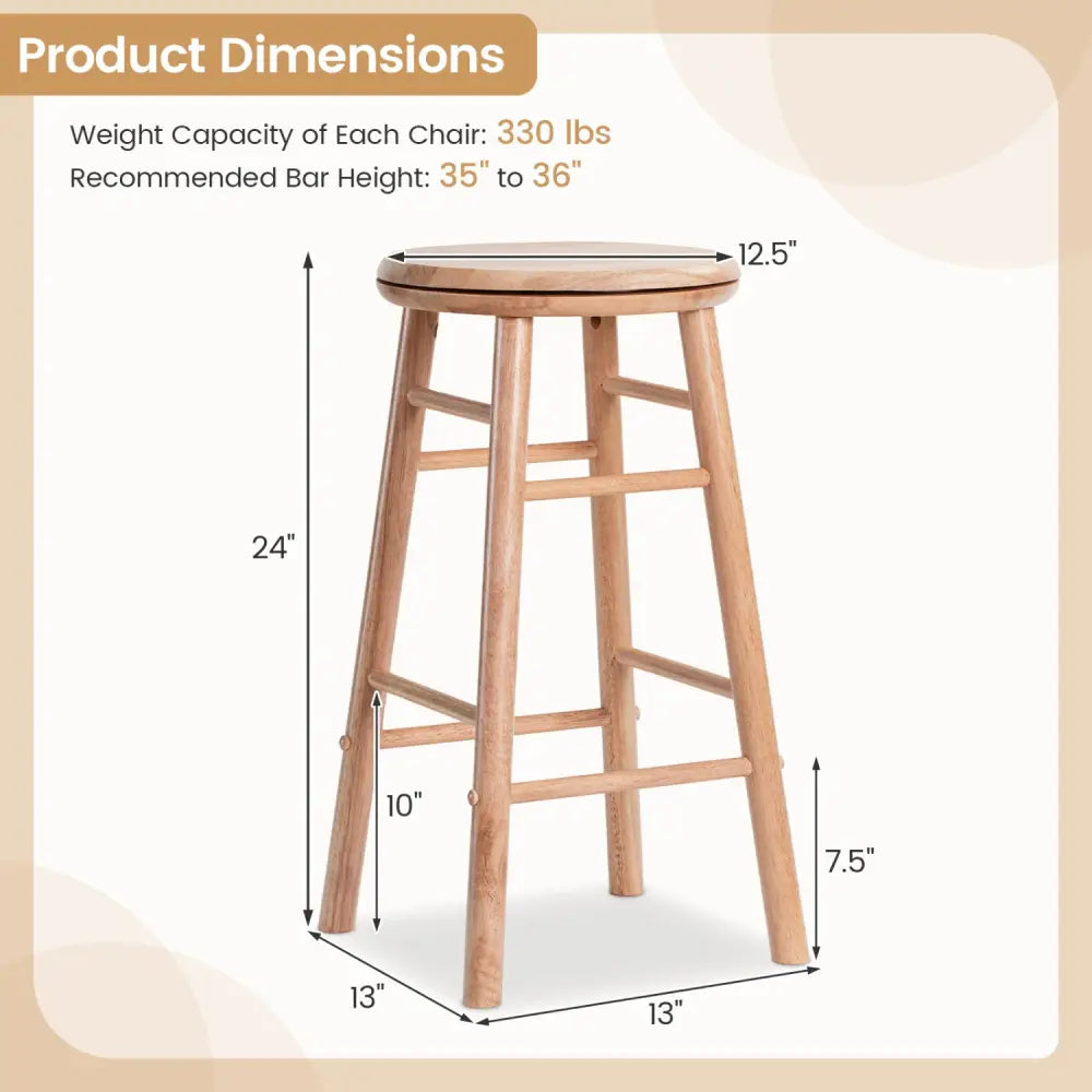 24’’ Swivel Bar Stools Set of 2 with Footrests & Crossbars-Natural - Natural - Bar Stools