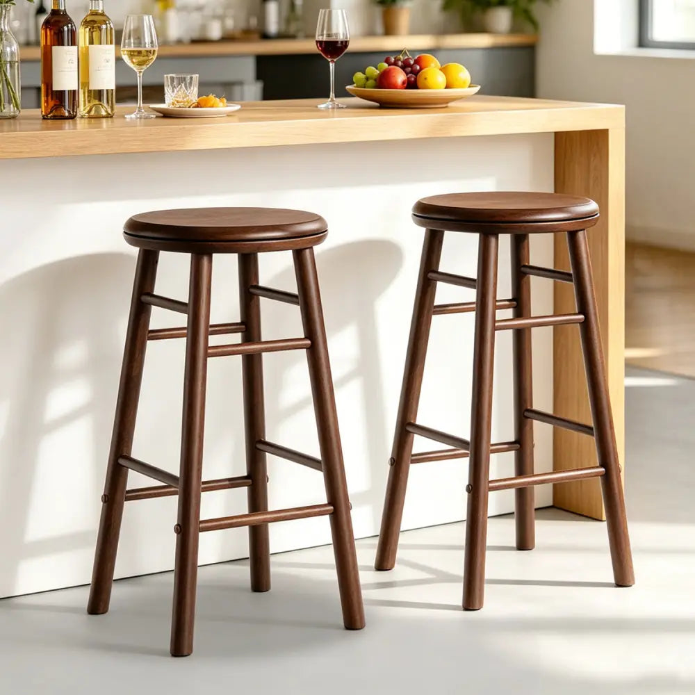 24’’ Swivel Bar Stools Set of 2 with Footrests & Crossbars-Walnut - Walnut - Bar Stools