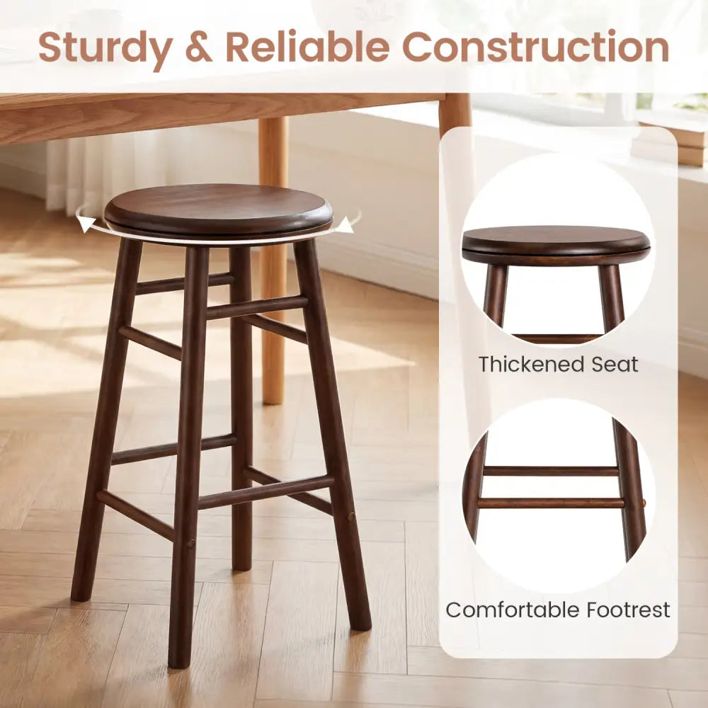 24’’ Swivel Bar Stools Set of 2 with Footrests & Crossbars-Walnut - Walnut - Bar Stools