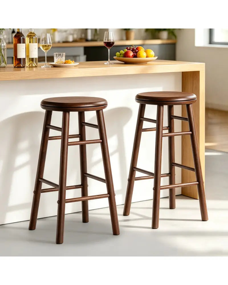 24’’ Swivel Bar Stools Set of 2 with Footrests & Crossbars-Walnut - Walnut - Bar Stools