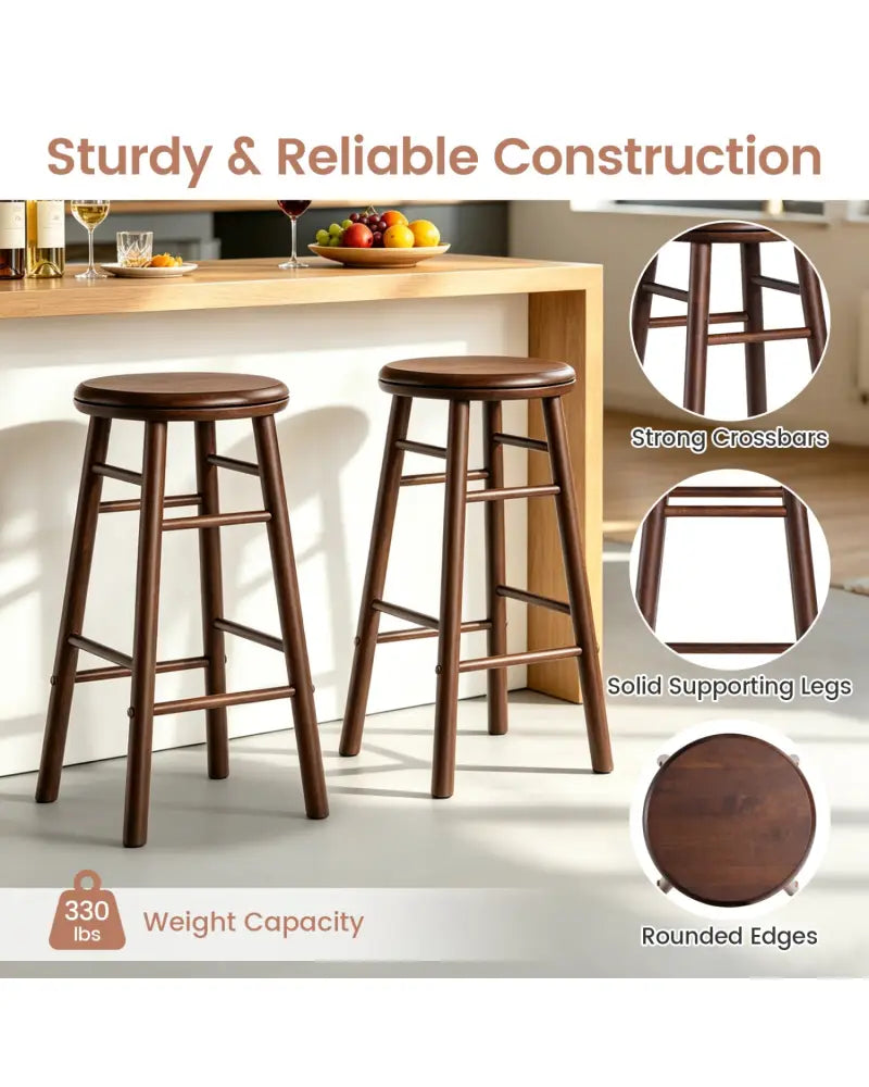 24’’ Swivel Bar Stools Set of 2 with Footrests & Crossbars-Walnut - Walnut - Bar Stools