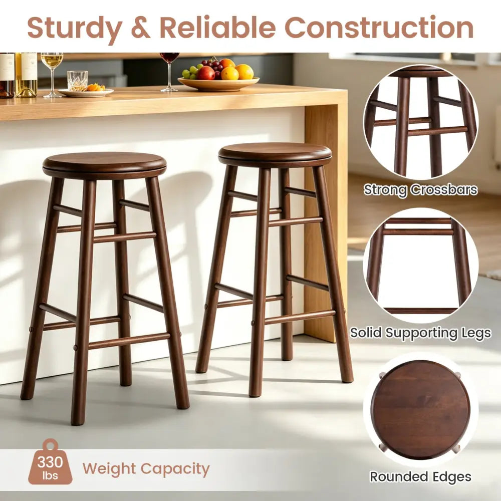 24’’ Swivel Bar Stools Set of 2 with Footrests & Crossbars-Walnut - Walnut - Bar Stools