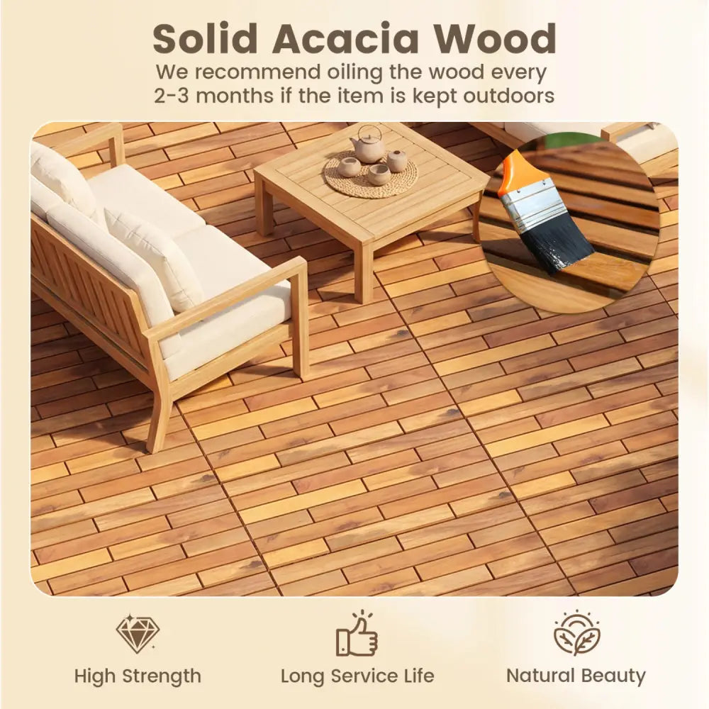 24 x 12 Inch 36 Pieces Acacia Wood Interlocking Deck Tiles with Waterproof Design-Natural - Natural - Outdoor Deck