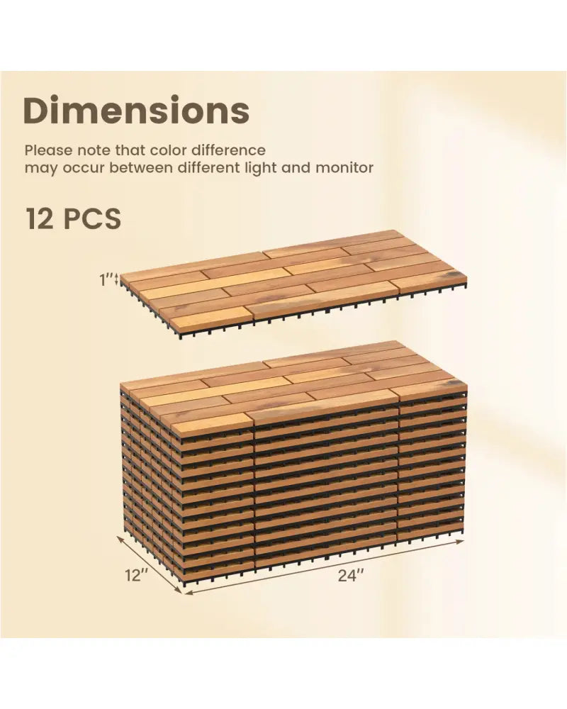 24 x 12 Inch 48 Pieces Acacia Wood Interlocking Deck Tiles with Waterproof Design-Natural - Natural - Outdoor Deck