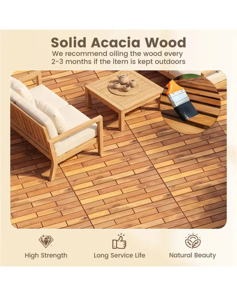24 x 12 Inch 12 Pieces Acacia Wood Interlocking Deck Tiles with Waterproof Design-Natural - Natural - Outdoor Deck
