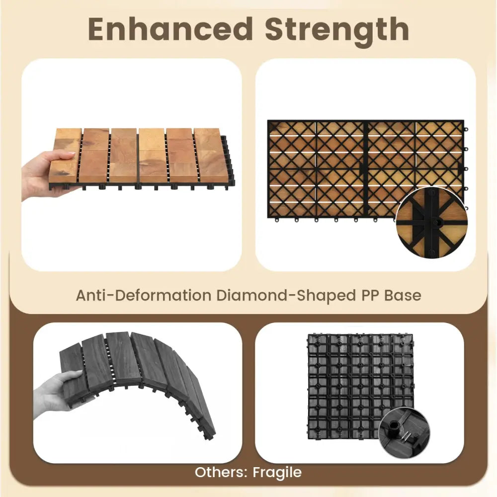 24 x 12 Inch 12 Pieces Acacia Wood Interlocking Deck Tiles with Waterproof Design-Natural - Natural - Outdoor Deck