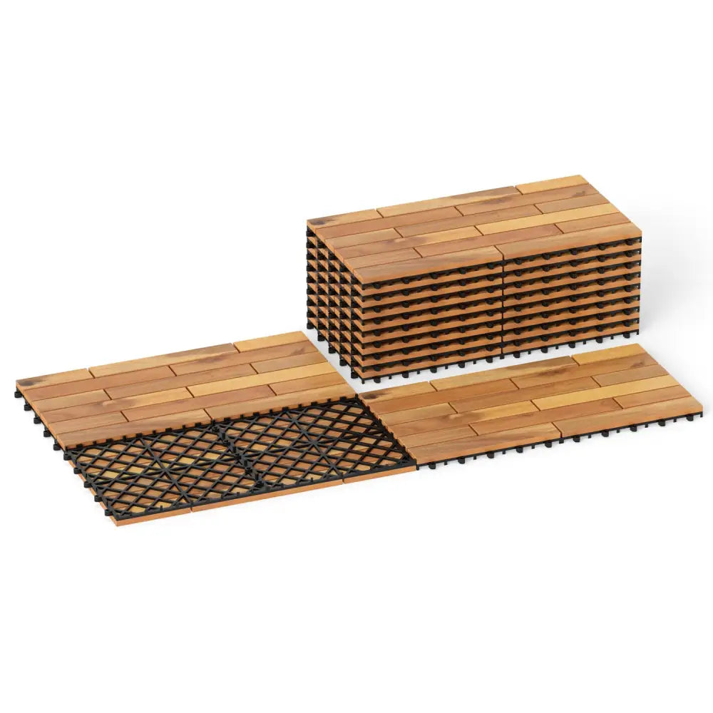 24 x 12 Inch 12 Pieces Acacia Wood Interlocking Deck Tiles with Waterproof Design-Natural - Natural - Outdoor Deck