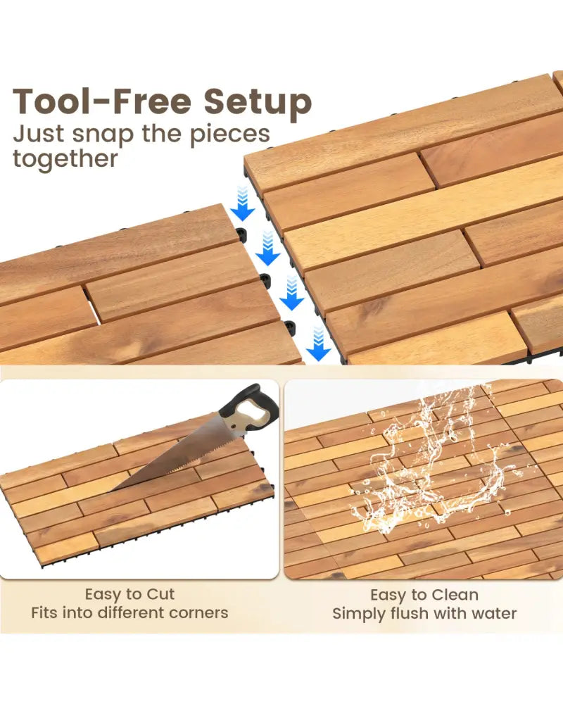 24 x 12 Inch 12 Pieces Acacia Wood Interlocking Deck Tiles with Waterproof Design-Natural - Natural - Outdoor Deck