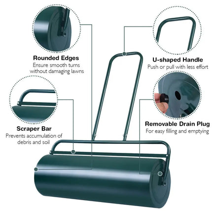 24 x 13 Inch Tow Lawn Roller Water Filled Metal Push Roller-Green - Green - Lawn Care Tools
