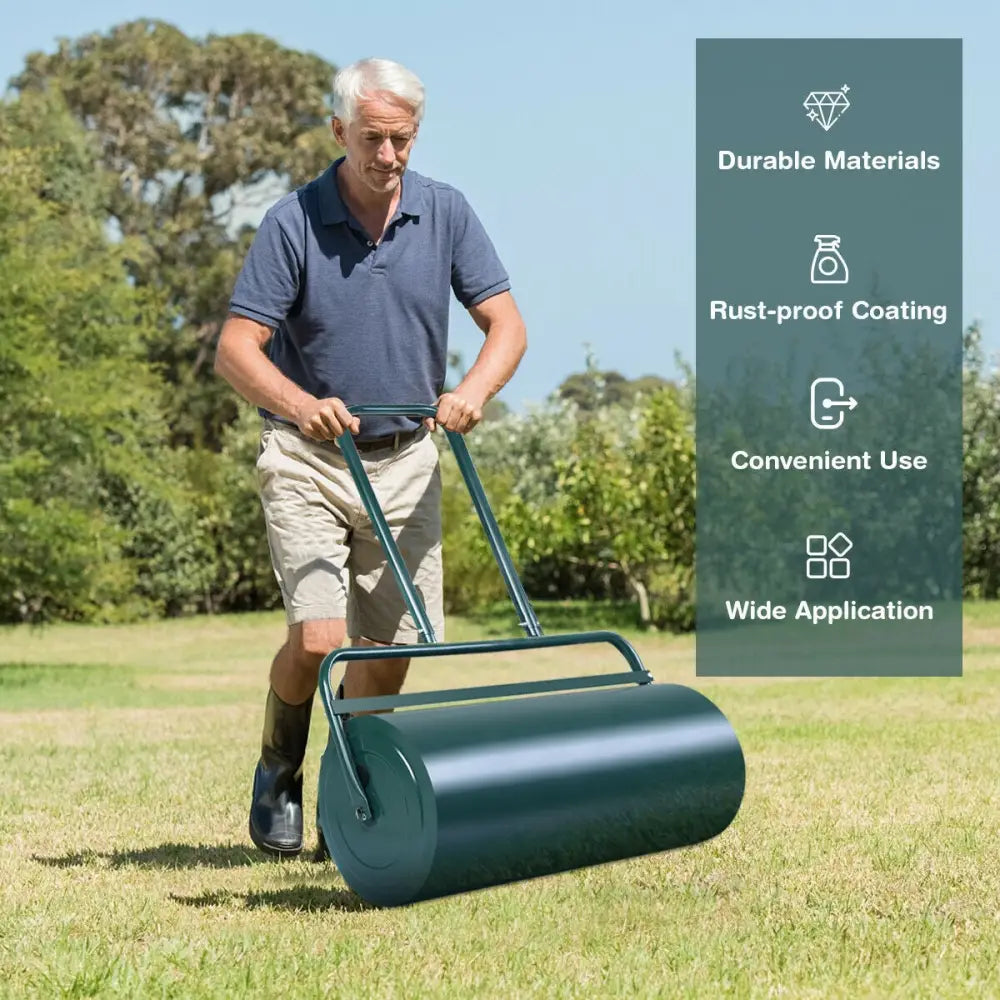 24 x 13 Inch Tow Lawn Roller Water Filled Metal Push Roller-Green - Green - Lawn Care Tools
