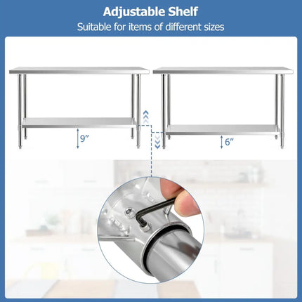 24 x 60 Inches Stainless Steel Kitchen Prep Work Table with Adjustable Undershelf - Oasis Home Essentials