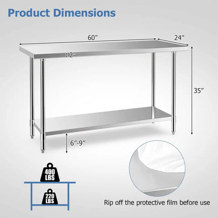 24 x 60 Inches Stainless Steel Kitchen Prep Work Table with Adjustable Undershelf - Oasis Home Essentials