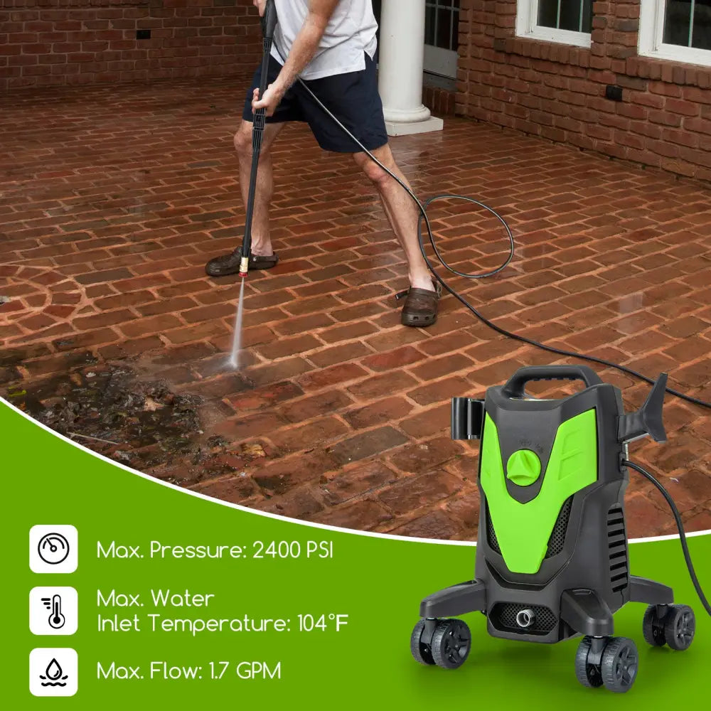 2400 PSI Electric Pressure Washer with 4 Universal Wheels-Green - Green - Pressure Washers