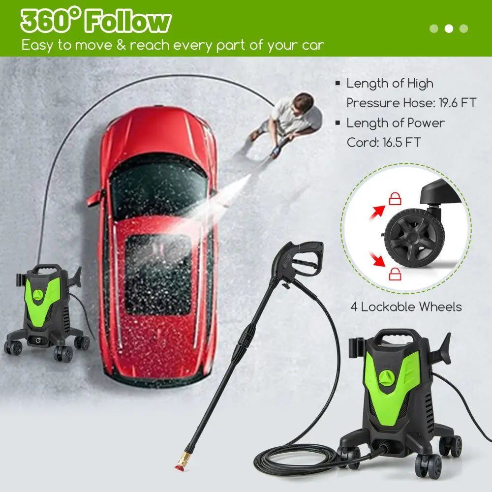2400 PSI Electric Pressure Washer with 4 Universal Wheels-Green - Green - Pressure Washers