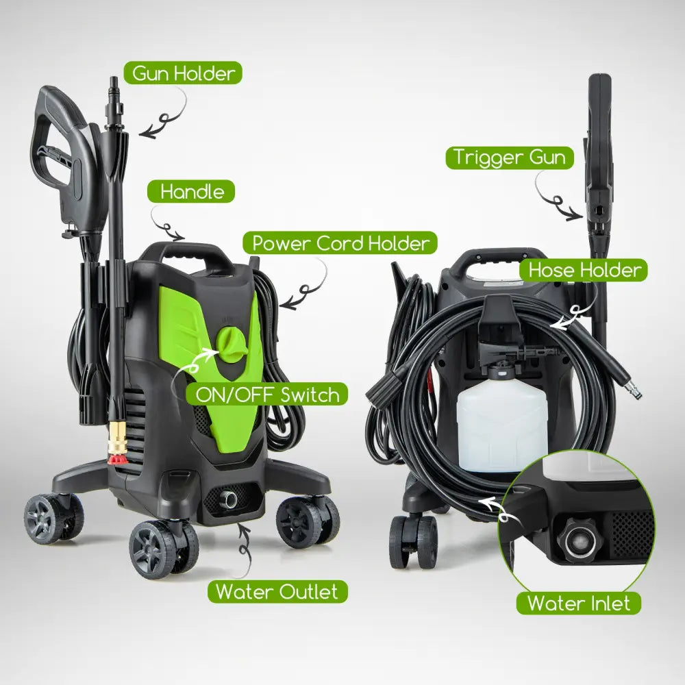 2400 PSI Electric Pressure Washer with 4 Universal Wheels-Green - Green - Pressure Washers