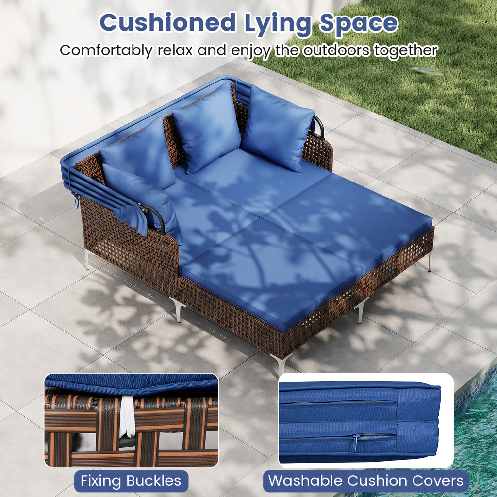Outdoor Daybed with Retractable Canopy PE Wicker Rattan Patio Lounger-Navy