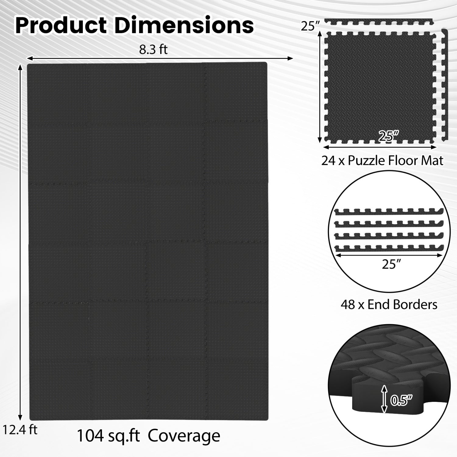 24Tiles 1/2" Puzzle Exercise Floor Mats-Black
