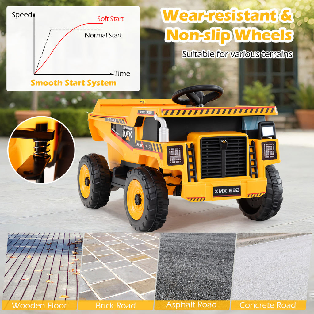 24V Construction Electric Vehicle with Dump Bed and Remote Control for Aged 3-8-Yellow