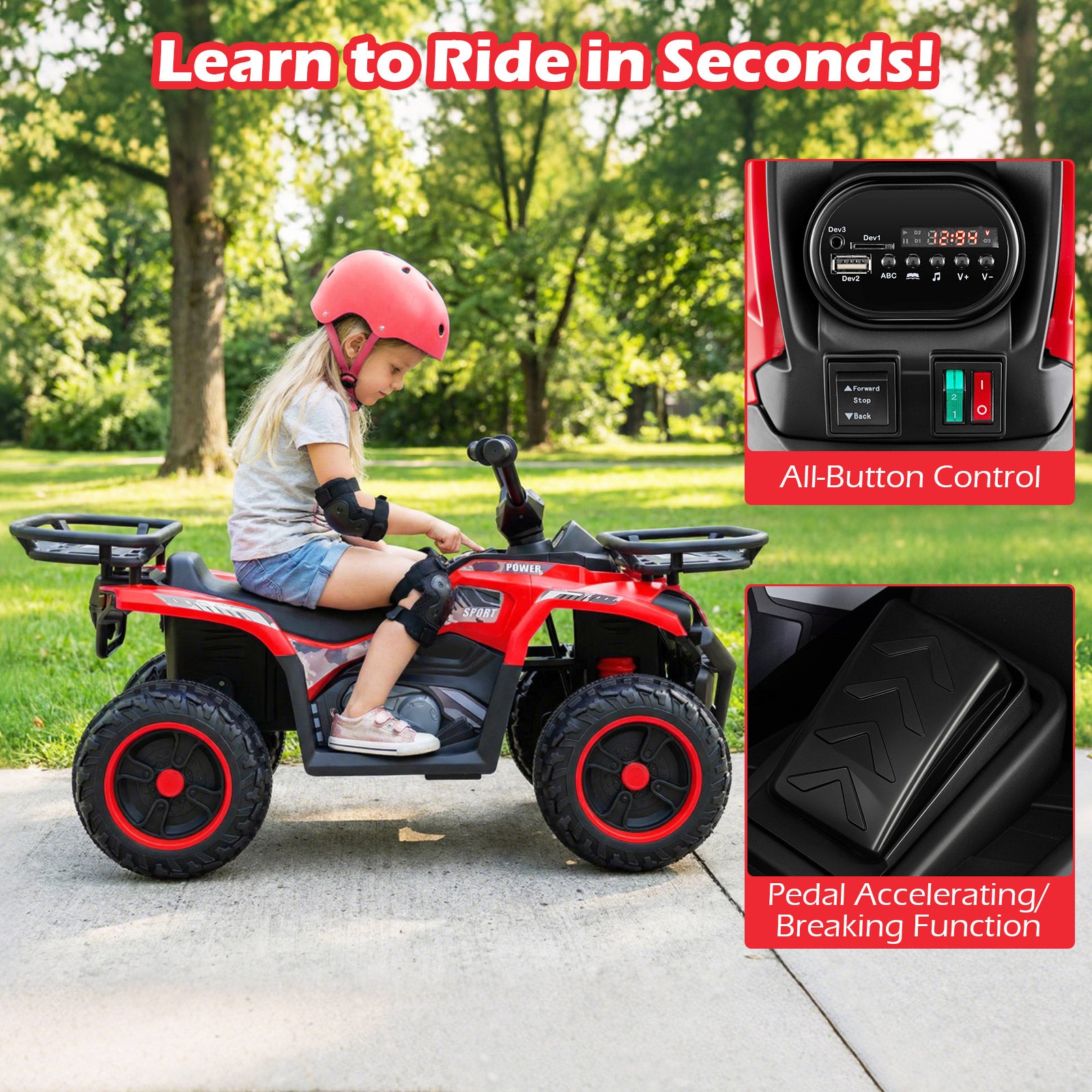 24V Electric Ride On Quad with LED Headlights-Red