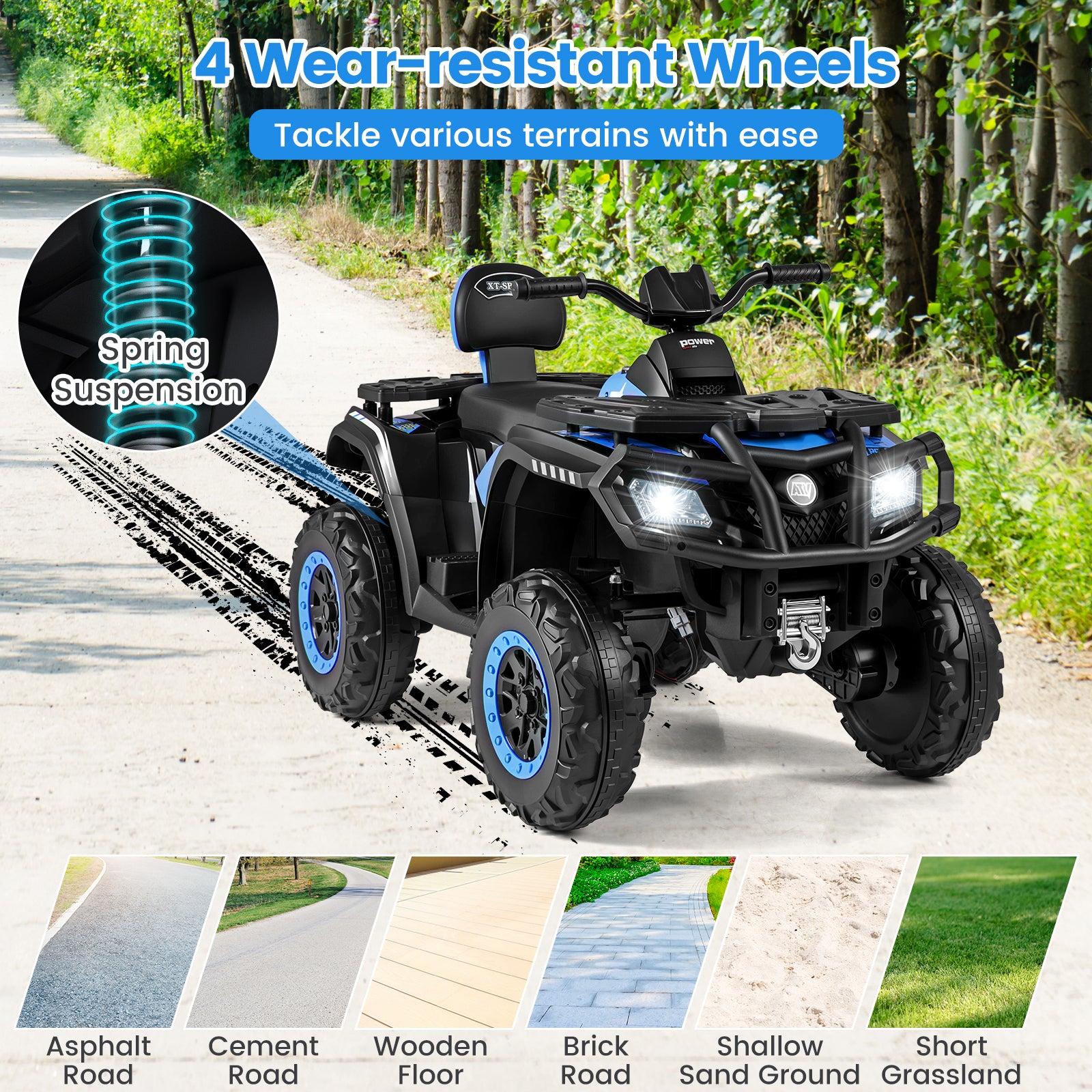 24V Kids ATV 2-Seater with 4 Motors with LED Lights and Music-Blue