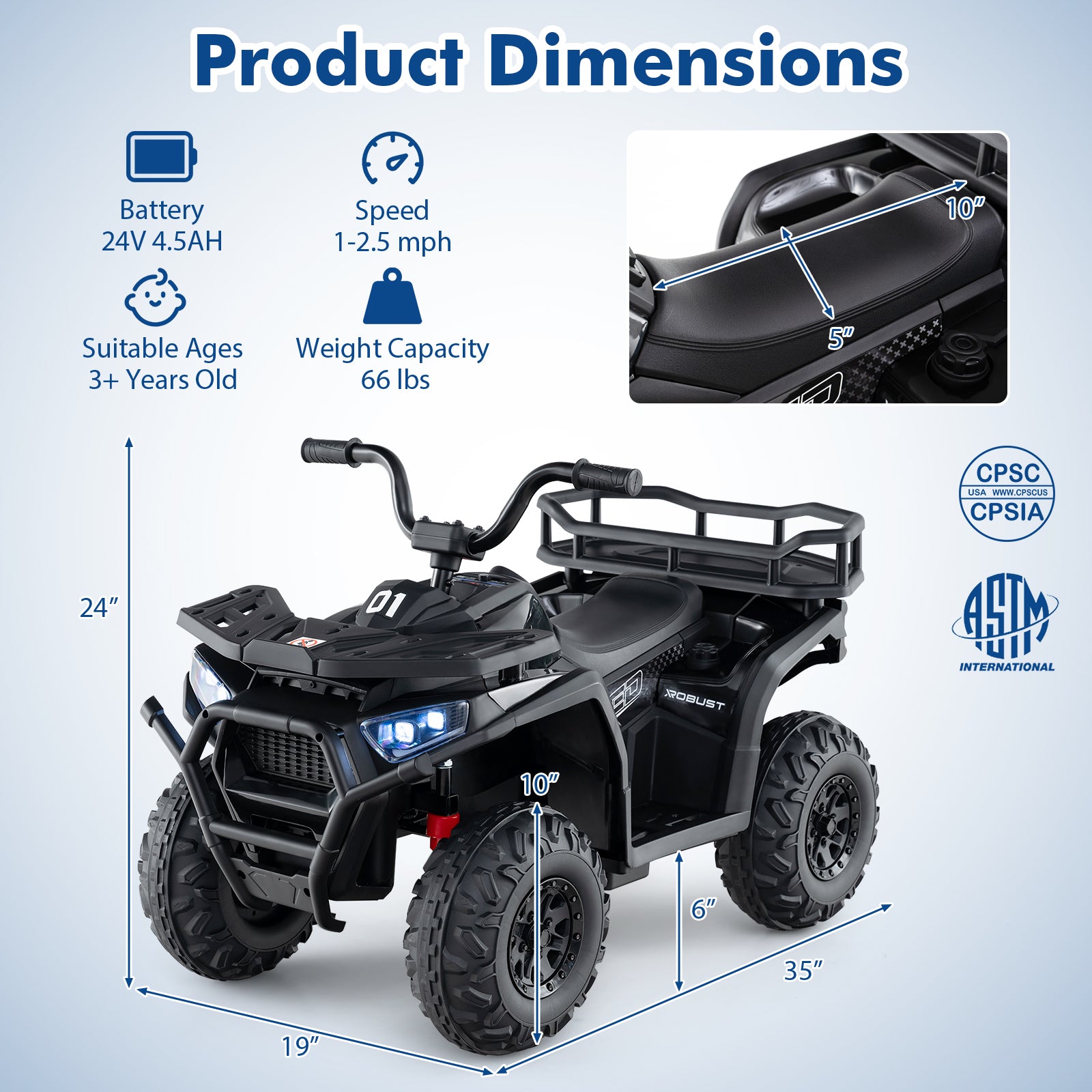 24V Kids Ride on Electric ATV Quad Car with Realistic Sounds and  LED Lights-Black