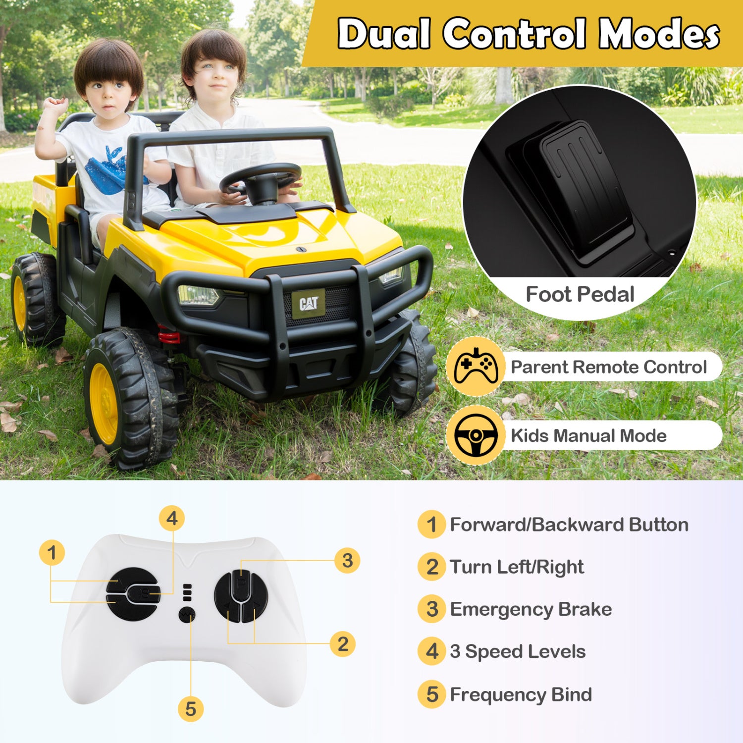 24V Ride On Dump Truck Licensed Caterpillar 2-Seater for Girls Boys-Yellow