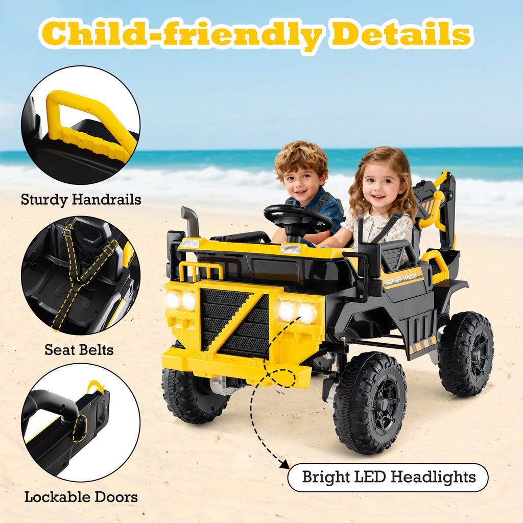 24V Ride On Excavator 4WD 2-Seater with Remote Control and Digging Arm-Yellow