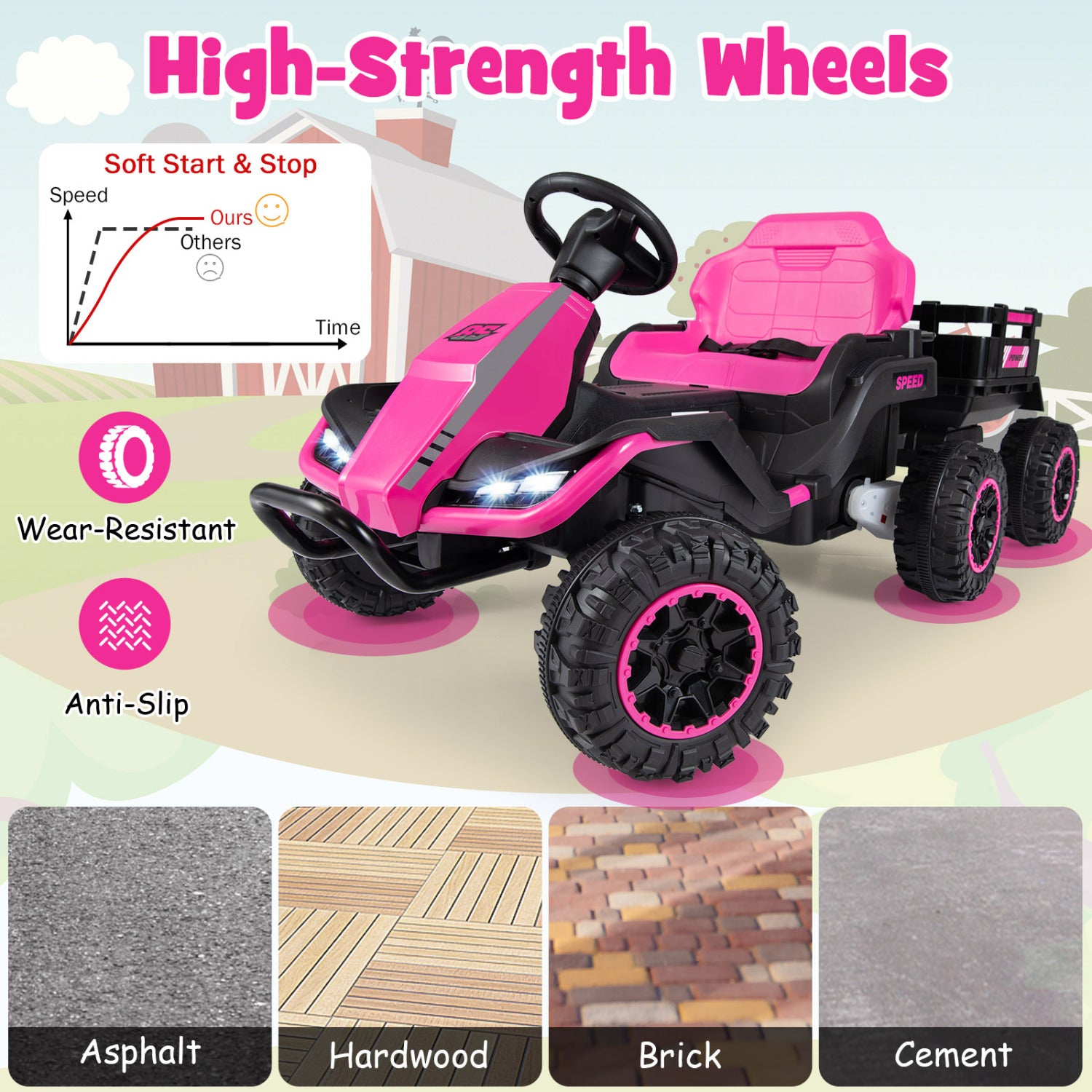 24V Ride on Tractor with Detachable Trailer and Music for Boys Girls-Pink