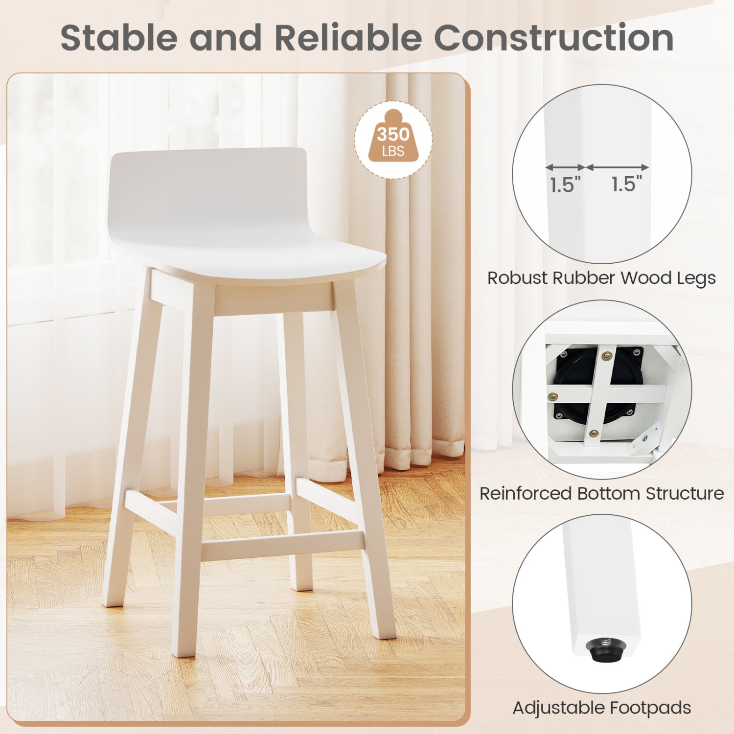 24.5 Inch Swivel Wooden Bar Stools Set of 4 with Rubber Wood Legs and Low Back-White