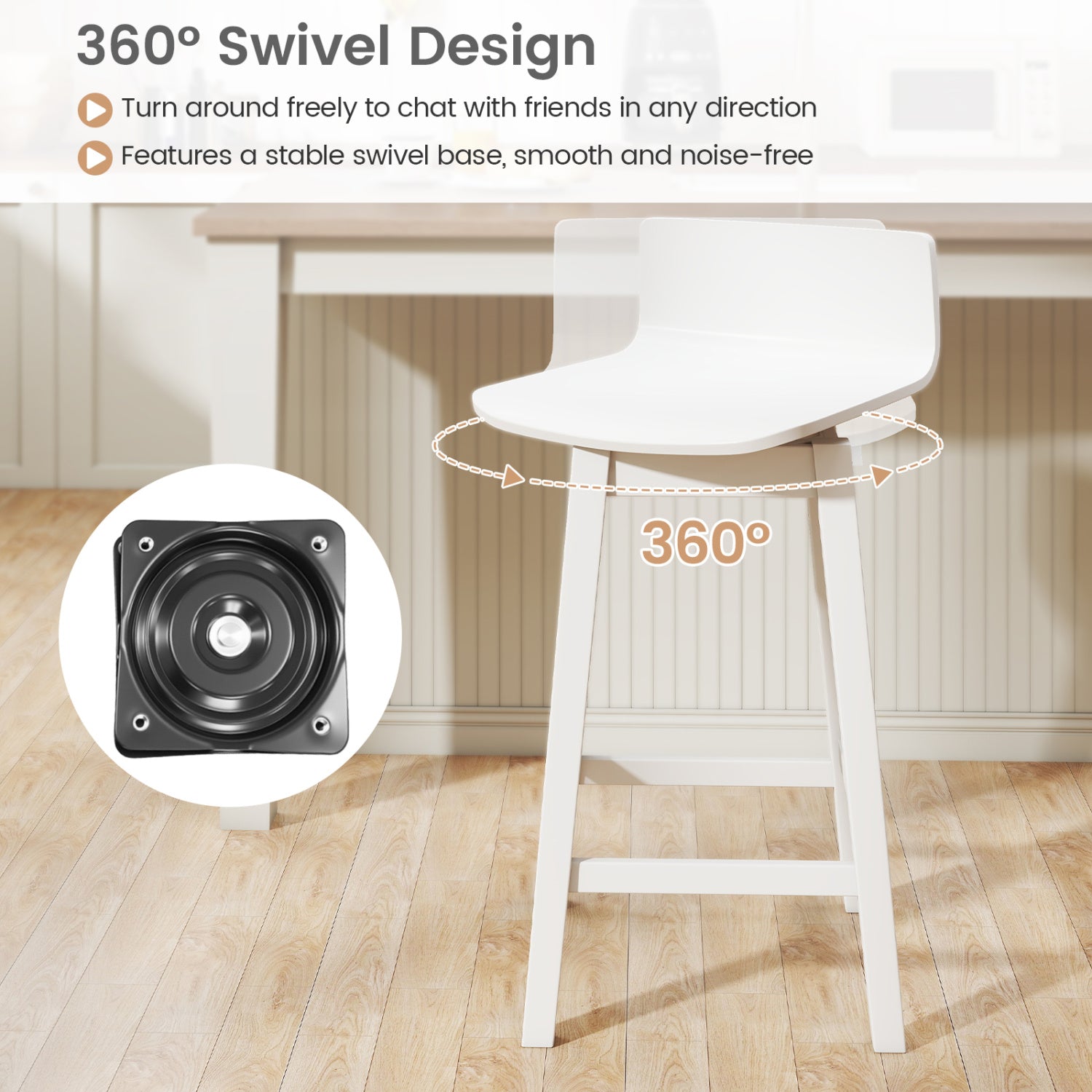 24.5 Inch Swivel Wooden Bar Stools Set of 4 with Rubber Wood Legs and Low Back-White