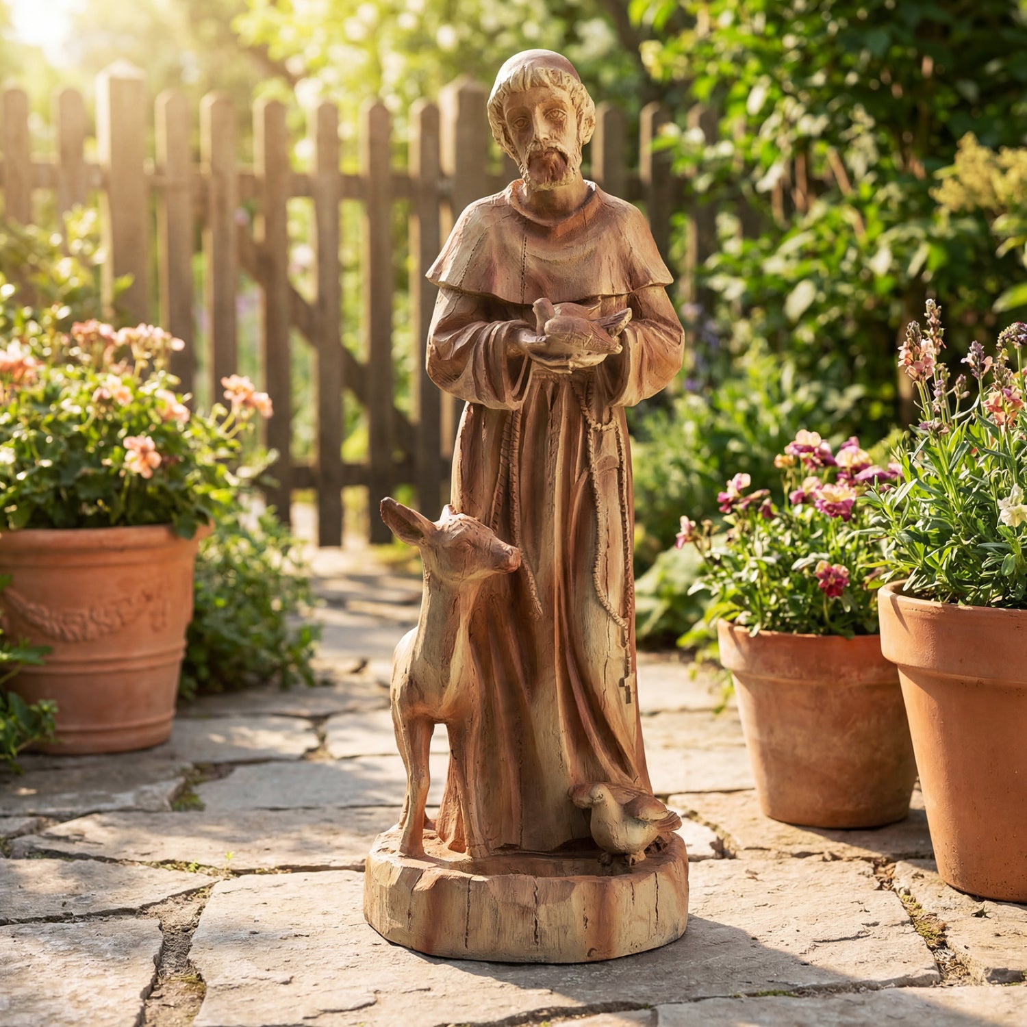 24.5 inch St. Francis Statue with Bird Feeder Saint Francis of Assisi with Animals Sculpture-Rustic Brown