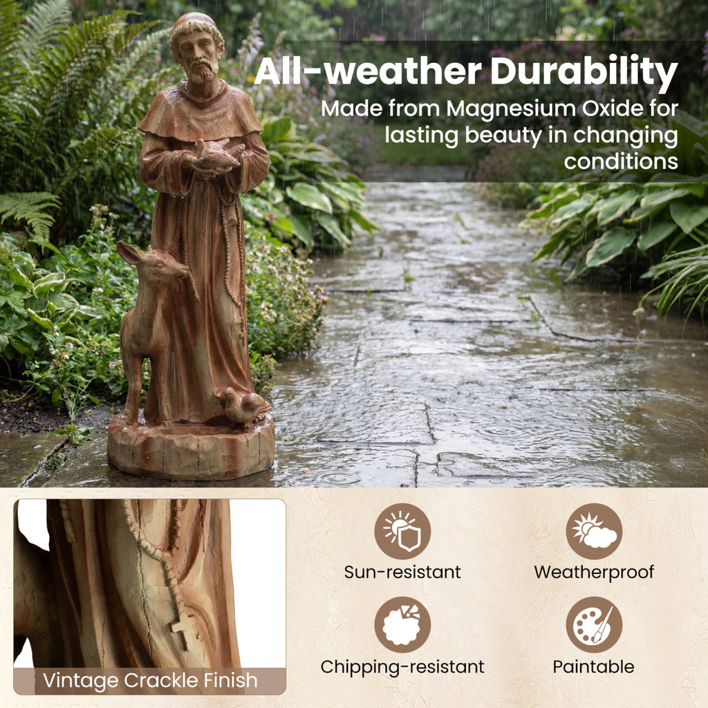 24.5 inch St. Francis Statue with Bird Feeder Saint Francis of Assisi with Animals Sculpture-Rustic Brown