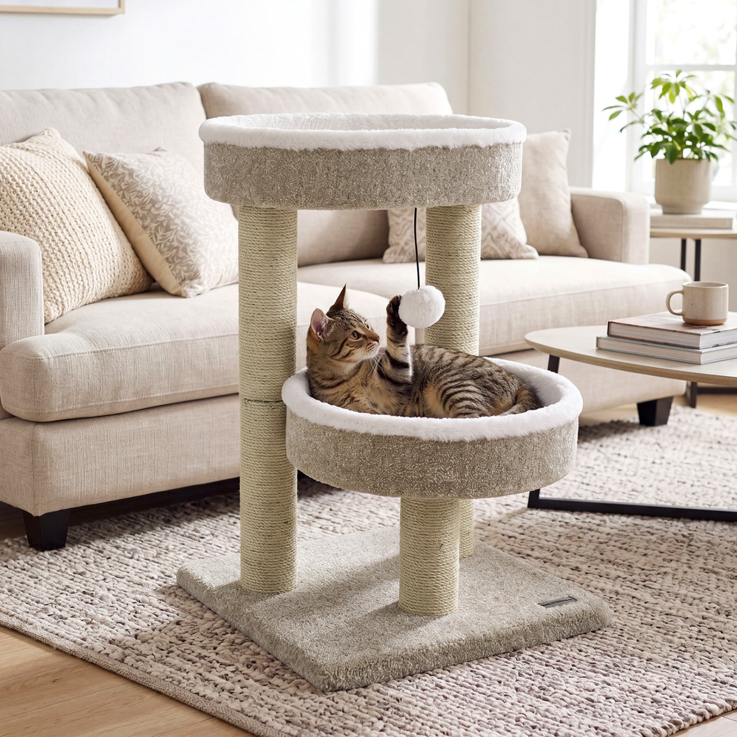 24" Cat Tower with 2 Plush Perches  Scratching Posts and Dangling Ball