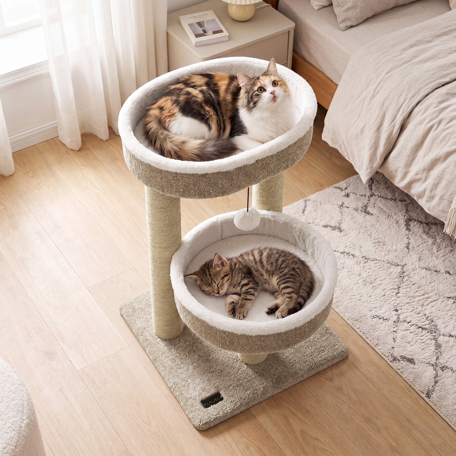 24" Cat Tower with 2 Plush Perches  Scratching Posts and Dangling Ball