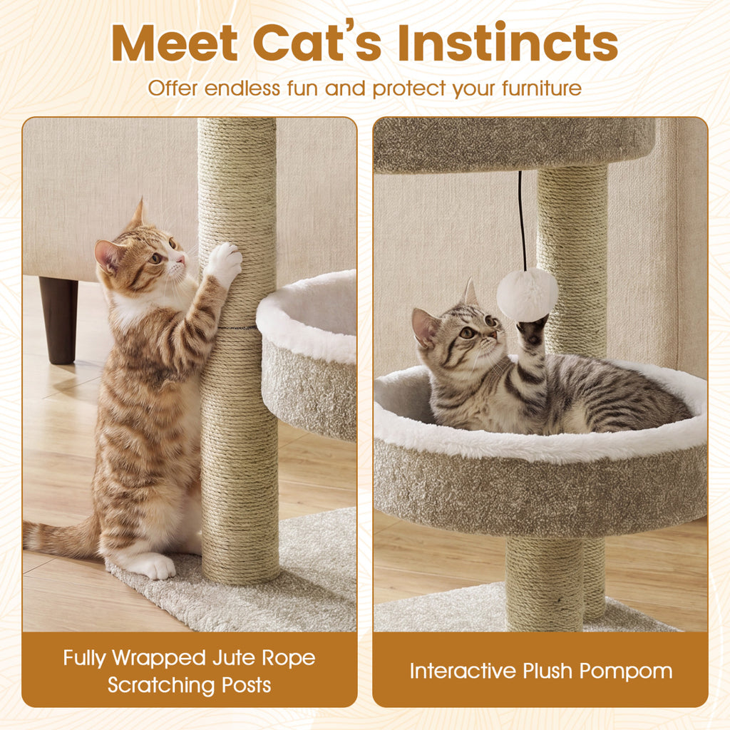 24" Cat Tower with 2 Plush Perches  Scratching Posts and Dangling Ball