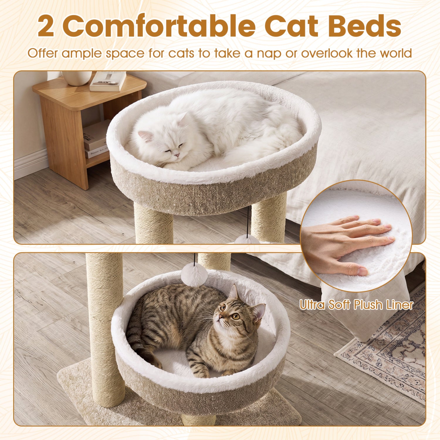 24" Cat Tower with 2 Plush Perches  Scratching Posts and Dangling Ball